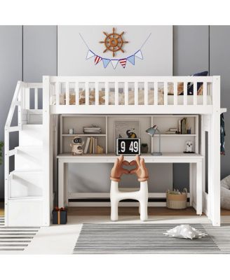 Twin Loft Bed with Desk, Storage Shelf & Stairs