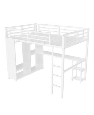 Queen Size Loft Bed Frame with Wardrobe, Desk & Shelves