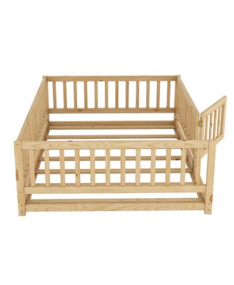 Full Size Montessori Floor Bed with Fence and Door, Oak