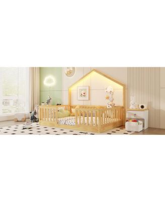 Full Floor Bed with High Rails, Wooden Montessori Bed with Light for Kids