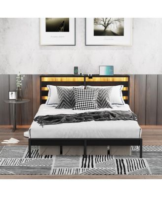 Full Size Metal Platform Bed Frame w/ USB, LED Lights, No Box Spring