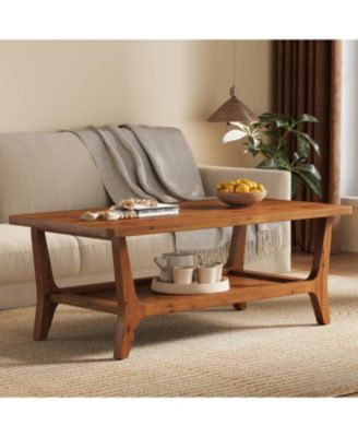 Solid Wood Coffee Table, 47-Inch Living Room Center Table with Shelf, 2-Tier, Smooth Corners, Child-Friendly, Easy Assembly