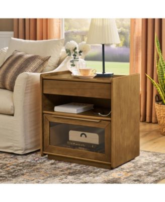 Mid Century Modern Nightstand with Charging Station & 2 Drawers