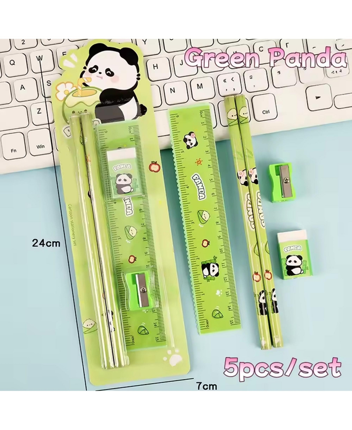 Htutwoo 5PCS Cartoon Pencil Stationery Set, Eraser, Ruler, Pencil Sharpener and 2 Pencils, Student Back To School Stationery Supplies