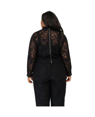 Plus Size Curvy Black Lace Stripe Snap Cuff Zip Turtleneck