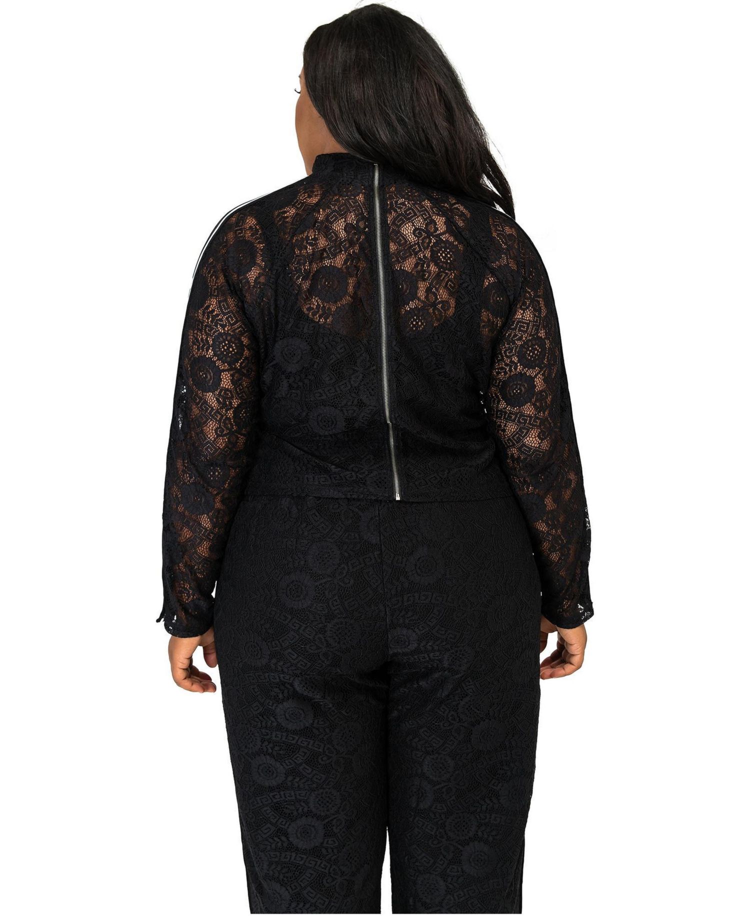 Plus Size Curvy Black Lace Stripe Snap Cuff Zip Turtleneck