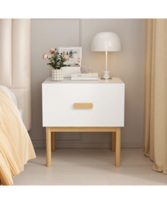 Modern White Nightstand with Drawer & Wood Legs