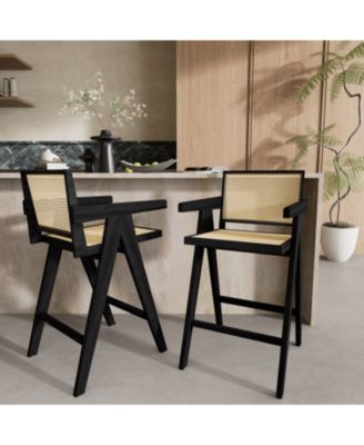 27", Modern Minimalist Bar Stool with Cane Seat, Solid Wood Frame