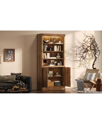 Streamdale Modern Bookshelf with Doors, 3-Tier Adjustable Shelves, LED Light, Walnut