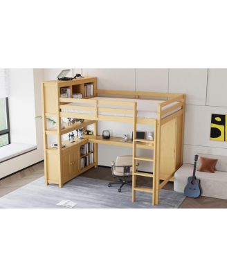  Wood Loft Bed with Cabinet, Bookshelf, Wardrobe & Desk, Queen Size