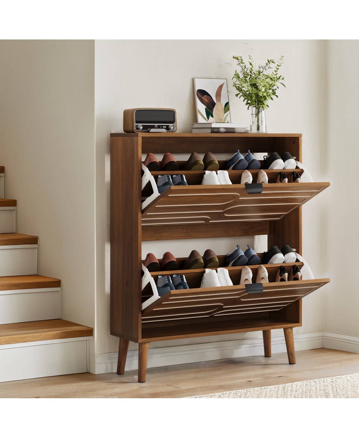 Streamdale Furniture Medieval Modern Independent Shoe Cabinet, Walnut Shoe Storage Cabinet, Fence Shoe Cabinet