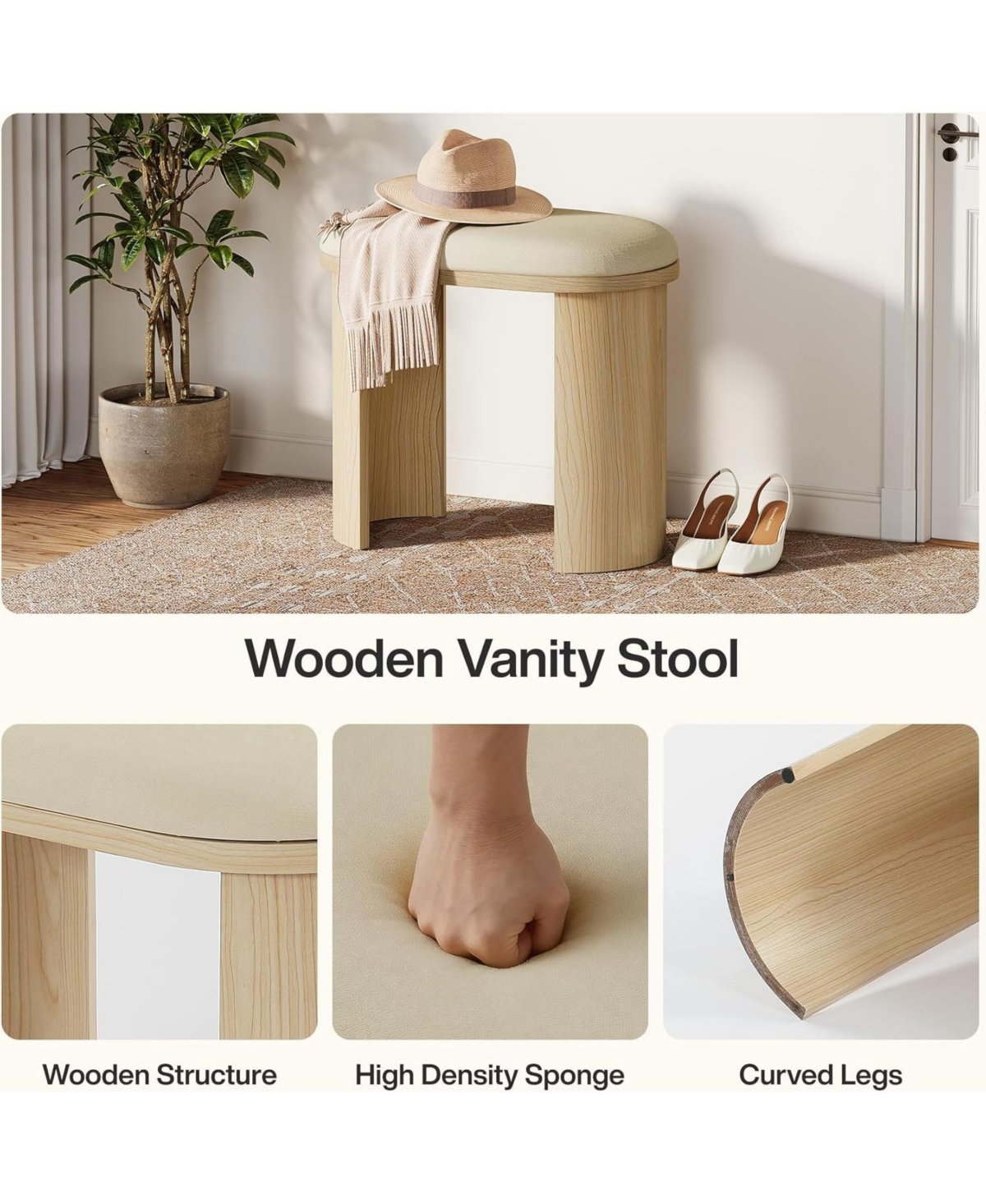 Tribesigns 23.6-Inch Vanity Stool Chair, Ottoman Stool Foot Rest for Couch with Cushion and Wooden Frame, Small Entryway Bench, Beige