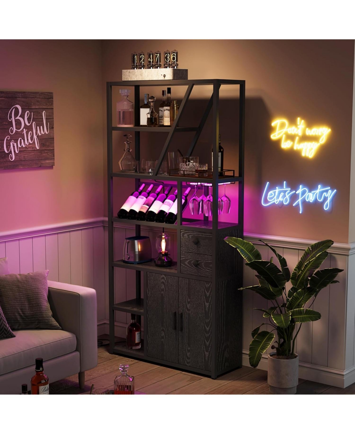 gaomon Bar Cabinet with Led Lights, Tall Coffee Station Power Outlets and Rack