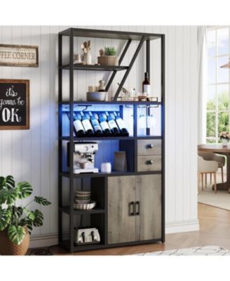 Bar Cabinet with LED Lights, Tall Coffee Bar Station with Power Outlets and Rack