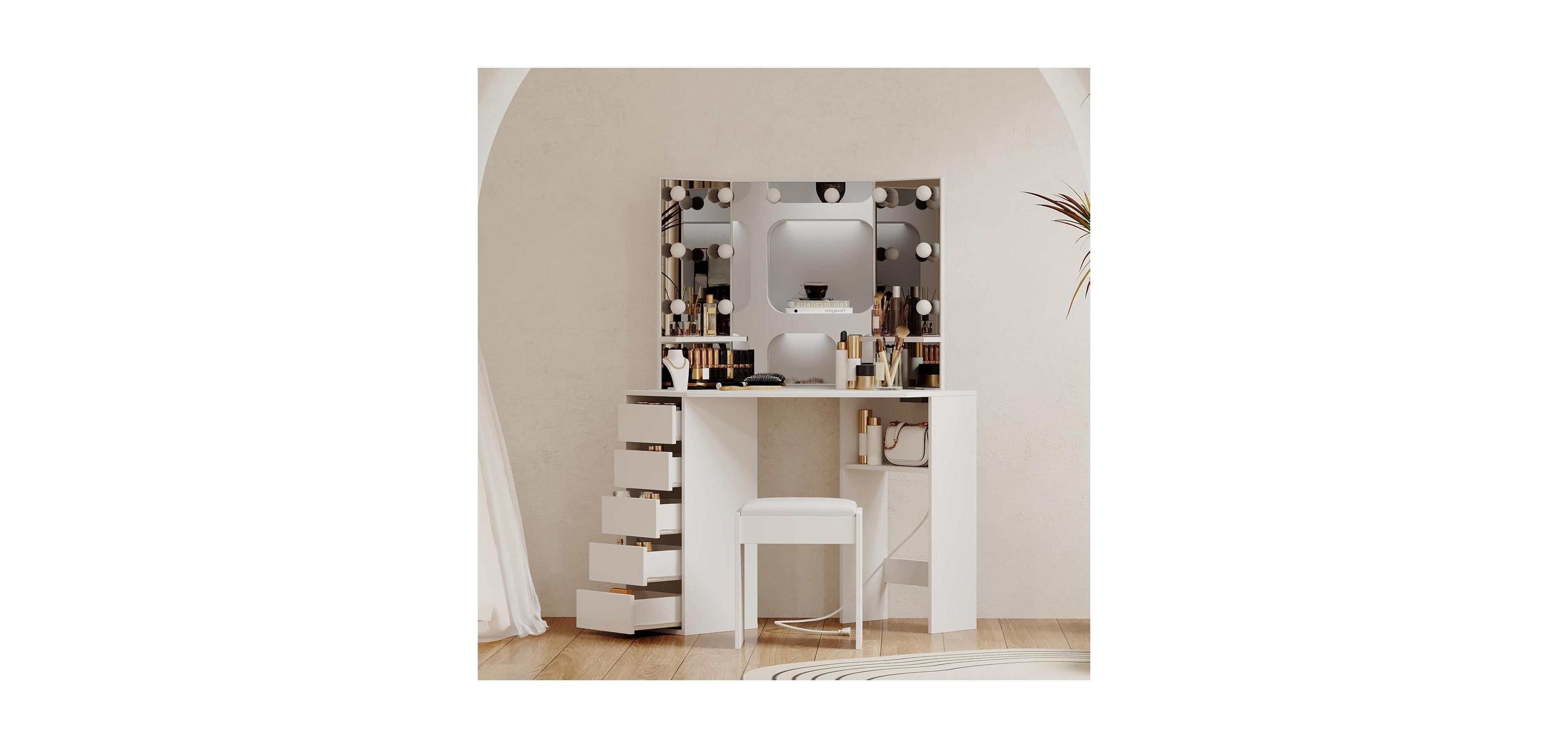 gaomon Corner Vanity and Stool, Corner Vanity Desk with Mirror and Lights, Corner Makeup Vanity with Power Outlet, 3 Color