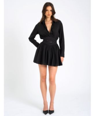 Women's Jamila Black Shirt Mini Dress with Embroidered Waist Detail