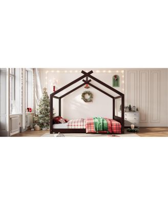 Queen House Floor Bed with Slats, Solid Wood House Bed Frame for Kids
