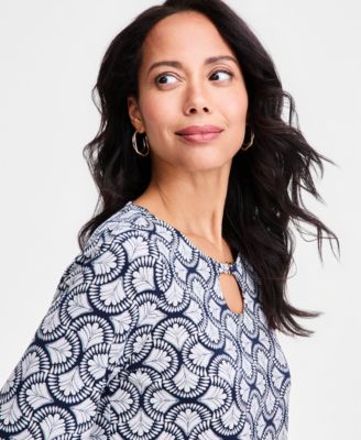 Women's Printed Keyhole-Neck Split-Sleeve Top