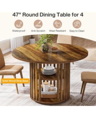 47-Inch Round Dining Table for 4, Farmhouse Kitchen Table with 2-Tier Storage Shelf and Solid Wood Base, Brown