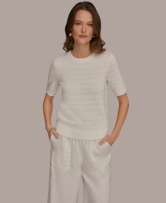 Women's Elbow-Sleeve Crew Neck Striped Sequin Sweater