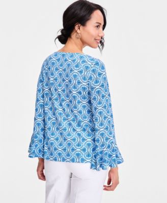 Women's Printed Boat-Neck Bell-Sleeve Top