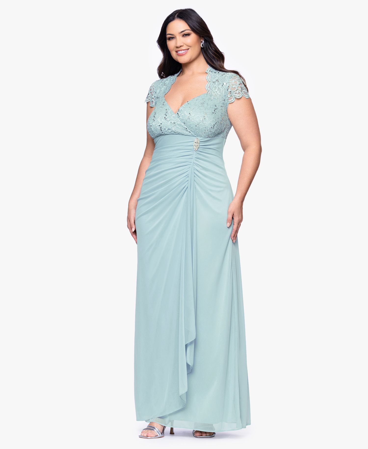 Plus Size Sequined-Lace Ruched Gown