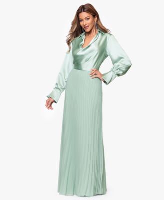 Women's Long Satin Long-Sleeves Collared Ball Gown