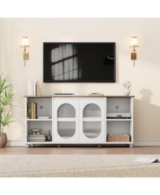 Modern TV Stand for 70" TV, Black Entertainment Center with Shelves and Glass Doors