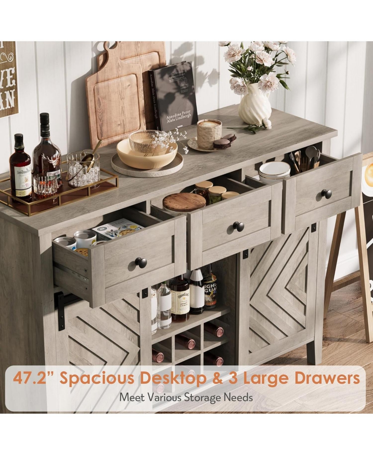 Gaomon 47.2" Farmhouse Buffet Cabinet with Sliding Barn Door, Rustic Sideboard 3 Drawers, Removable Wine Rack, Adjustable Shelf, Kitchen
