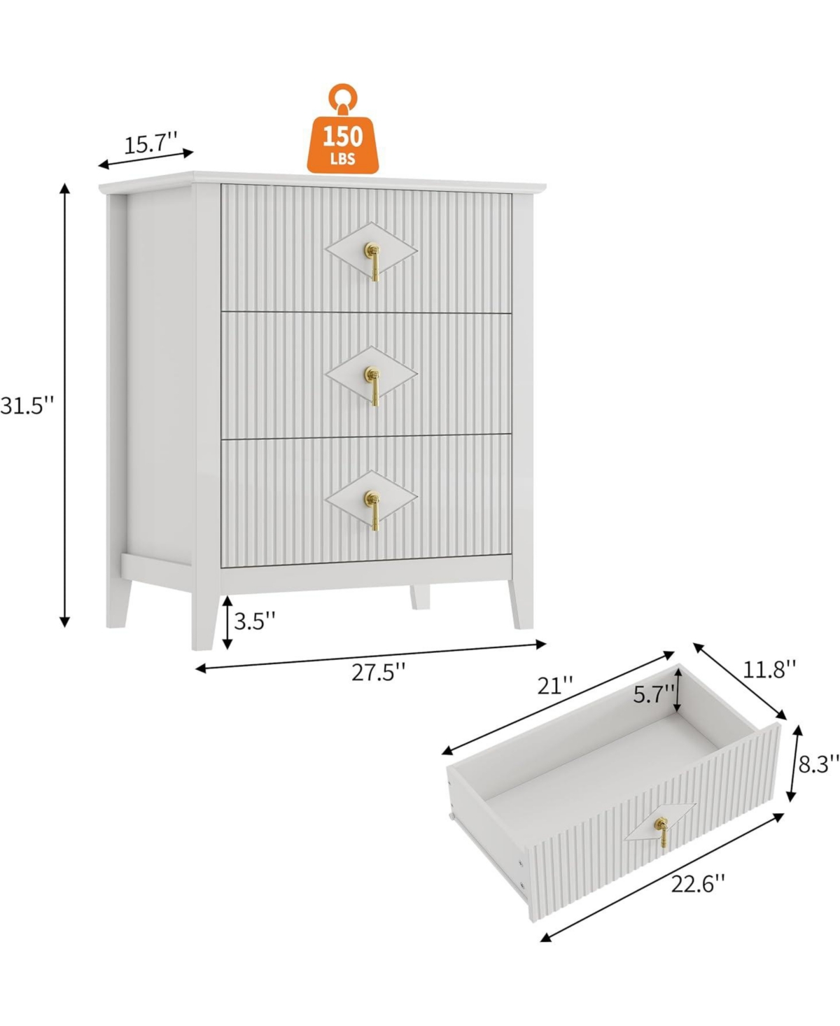 Gaomon Fluted 3-Drawer Dresser, 27.5" Wide Modern Chest for Bedroom Storage, Wood Organizer Cabinet