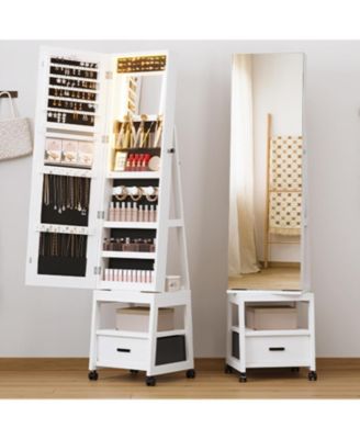 360&deg; Swivel Jewelry Cabinet with LED Lights,Inside Makeup Mirror,Rotatable Full Length Mirror with Jewelry Storage