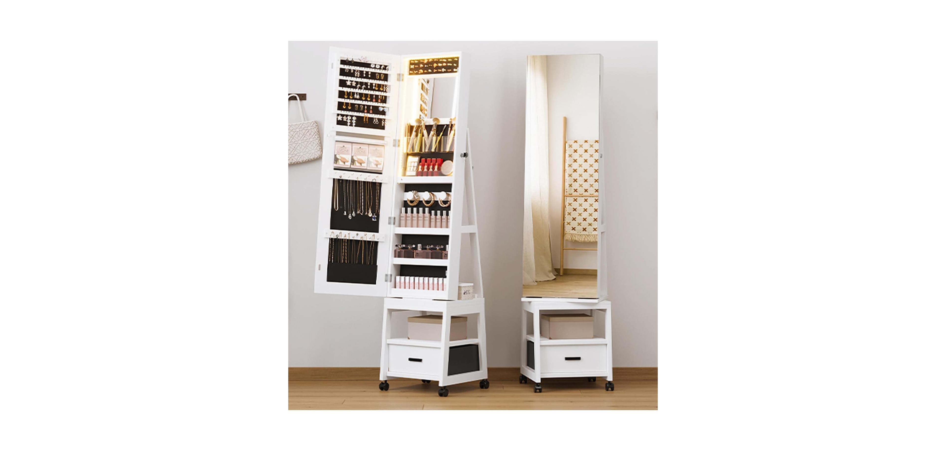 gaomon 360° Swivel Jewelry Cabinet with Led Lights,Inside Makeup Mirror,Rotatable Full Length Mirror with Jewelry Storage