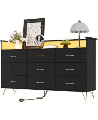 9-Drawer Tall Dresser with APP-Controlled RGB Lights & Charging Station, Modern Wooden Chest with 3 Outlets/2 USB
