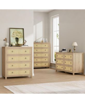 Dresser for Bedroom, 37 Inch Tall 4-Drawer Chest with Natural Woven Fronts, Freestanding Clothes Storage Cabinet & Organizer for Living Room