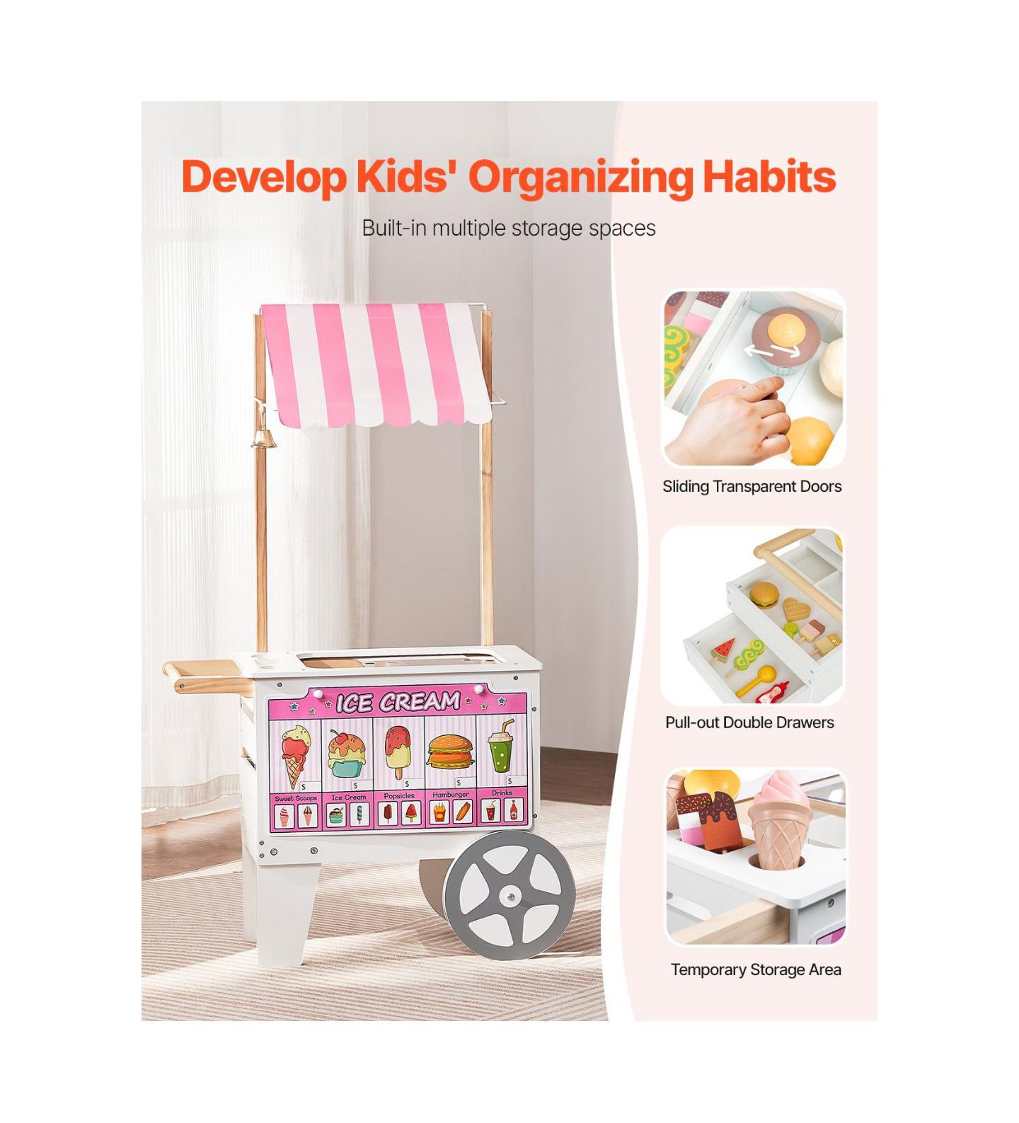 Детские игрушки Slickblue Ice Cream Cart 20+ Piece Set, Ages 3+, цвет: Розовый / Белый — фото 6