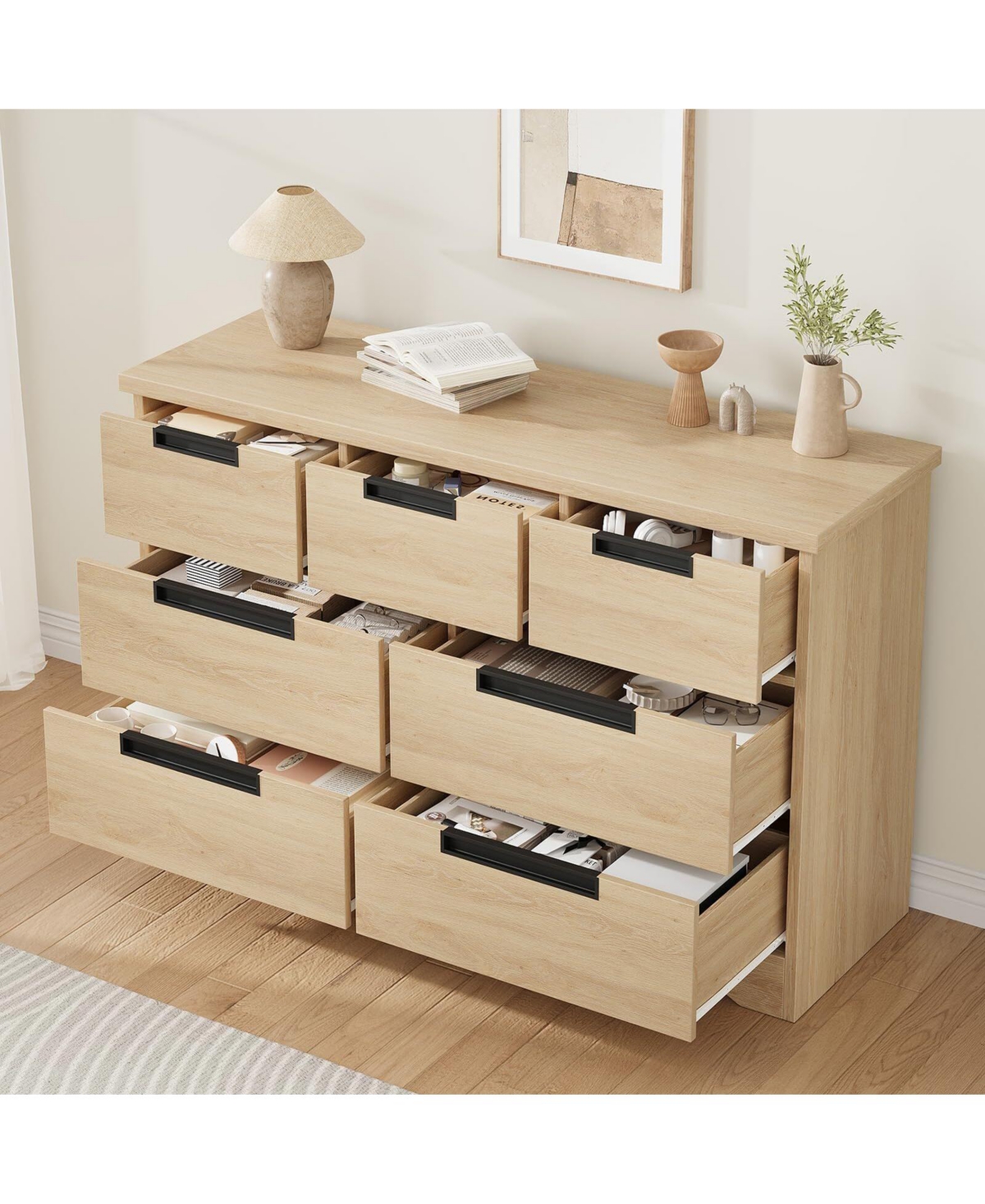 Gaomon 7 Drawer Dresser for Bedroom, Natural Modern Double Dresser Organizer with Embedded Handles Design