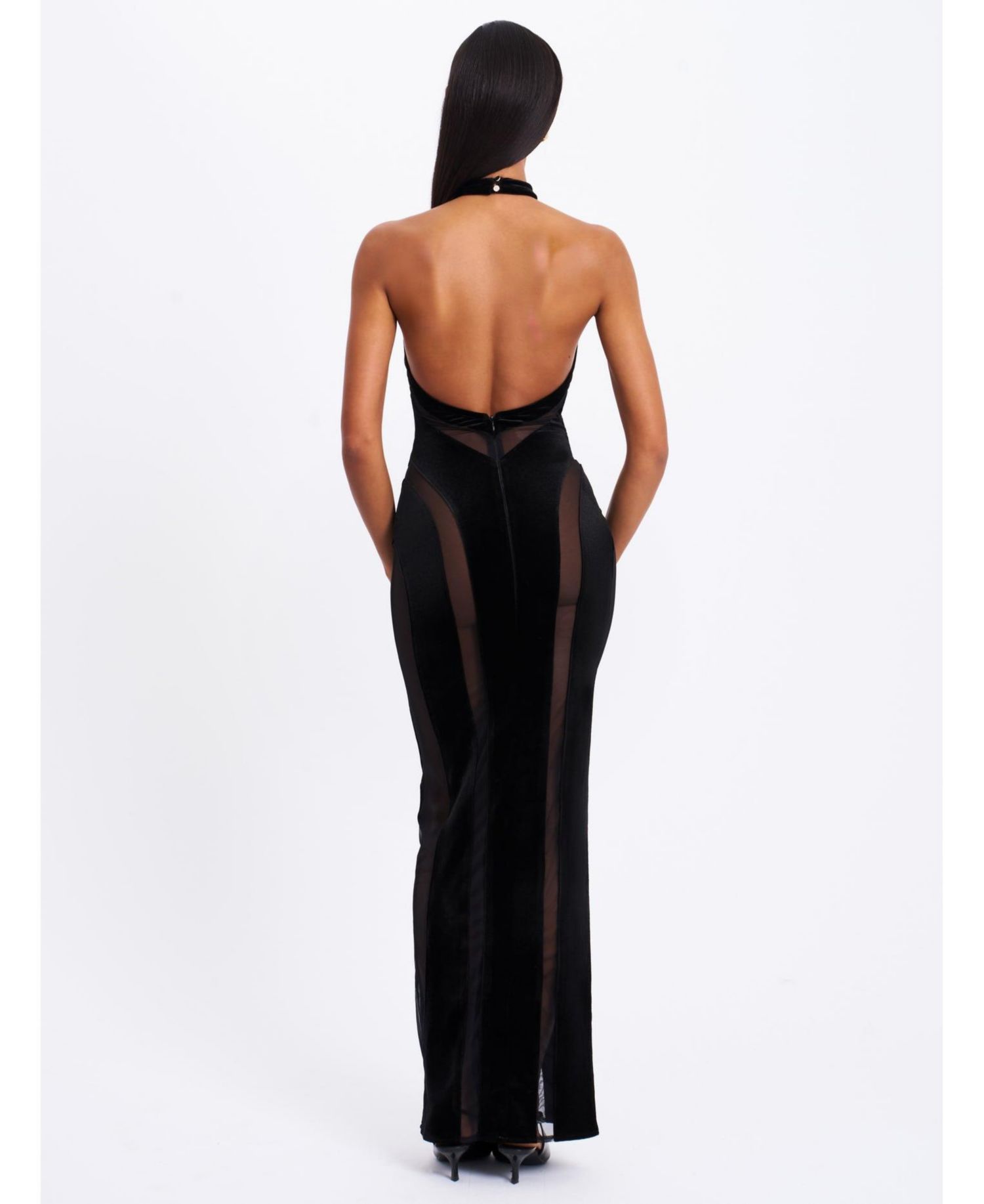 Women's Paityn Black Velvet Mesh Cutout Halter Gown