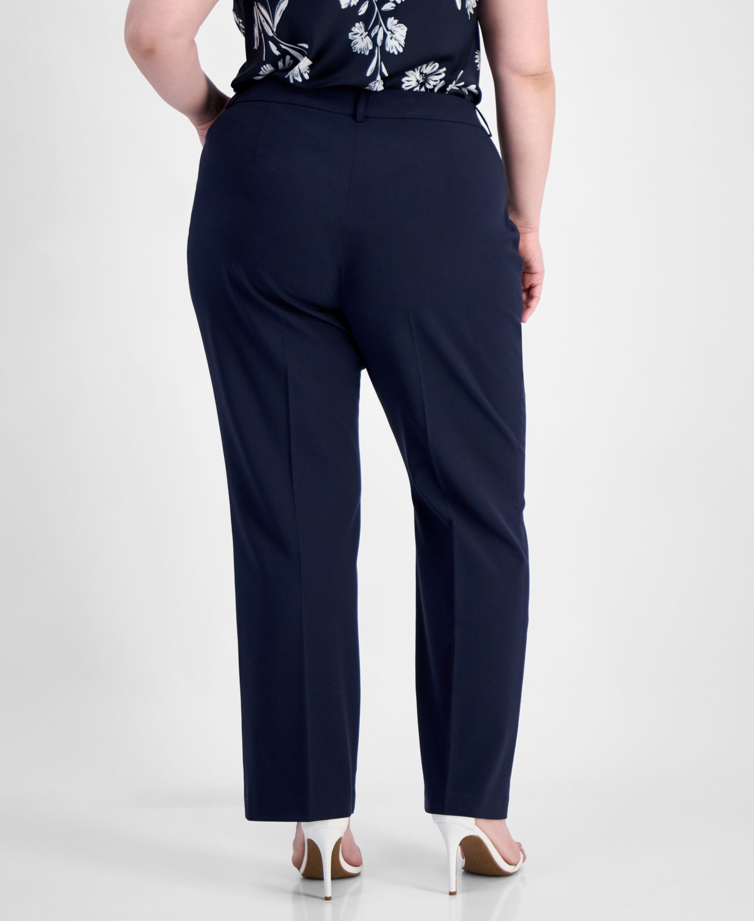 ASL Plus Size Bird Eye Press-Pleat Straight-Leg Pants