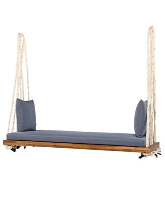Patio Wooden Swing Chair, Hanging Porch Swing Bench with Cushion&Pillows, 10.8Ft Hemp Ropes for Garden,Backyard,Lawn