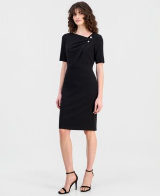Women's Asymmetric-Neck Elbow-Sleeve Midi Dress