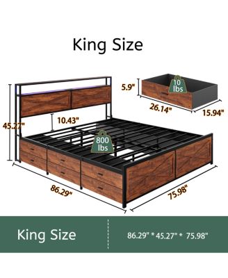 King Bed Frame with Storage Headboard & 12 Drawers, LED Lights, Metal Platform