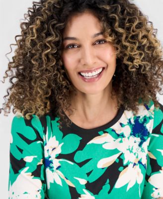 Petite Printed Puffed 3/4-Sleeve Top