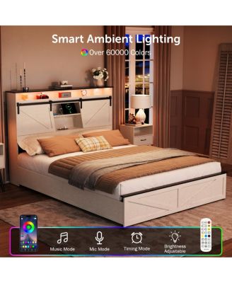  Farmhouse Queen Bed Frame w/Storage Headboard, Drawers, Charging & LED Lights, White