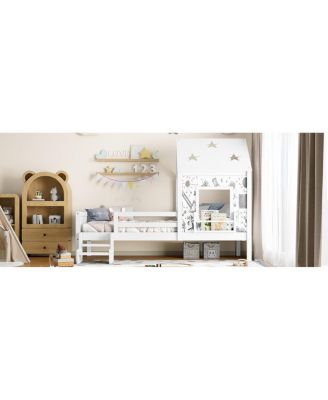 Twin House Bed with Stairs, Bookcase, Blackboard & Roof
