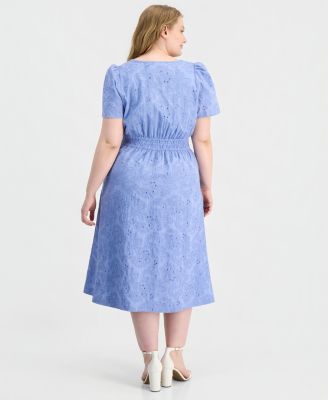 Plus Size Embroidered-Eyelet Short-Sleeve Midi Dress