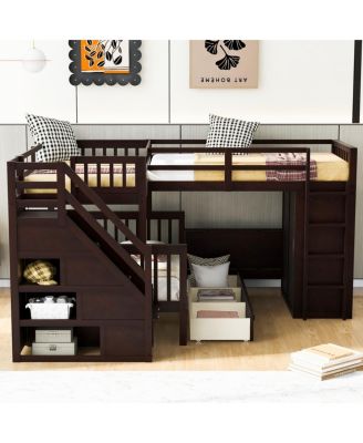 Twin L-Shaped Bunk Bed w/ Drawers, Desk & Wardrobe