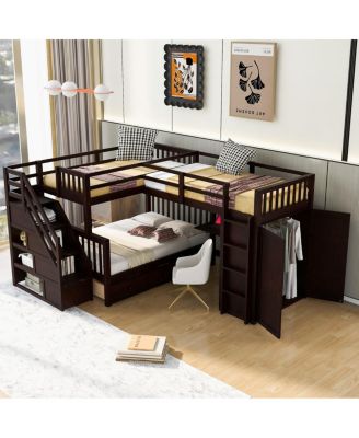 Twin L-Shaped Bunk Bed w/ Drawers, Desk & Wardrobe
