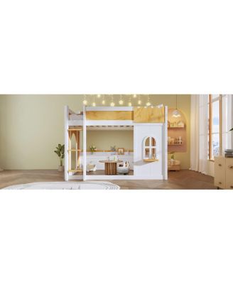 Full over Full Bunk Bed with Storage Shelves, Window, and Two Doors