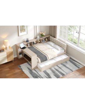 Wood Full Platform Bed w/Storage, Trundle, Charging Station, Upholstered Headboard
