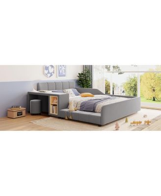 Streamdale Full Size Upholstered Grounded Bed with Bedside Desk & Stool, Gray